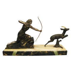 French Art Deco Sculpture of an Archer on Inlaid Onyx and Marble Base