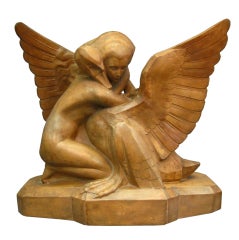 Vintage Art Deco Terracotta Sculpture of Leda and the Swan by Beauvais