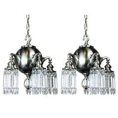 Pair of Antique Nickel Plated Crystal Light Fixtures (5-Light)