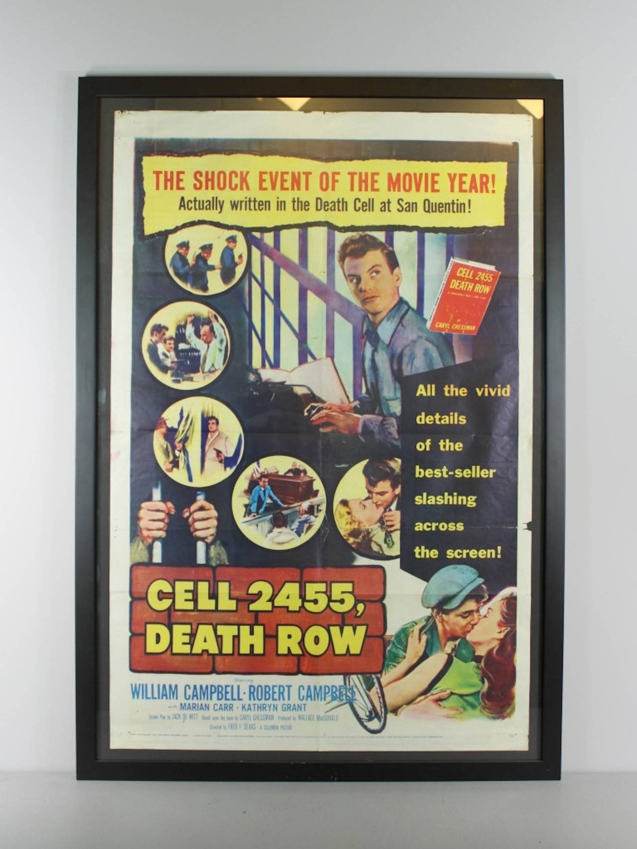 Ca. 1955 Original vintage advertisement for the original motion picture Cell 2455, Death Row. Plot: Whit (William Campbell), condemned and awaiting execution, reviews the events of his life that brought him to Cell 2455 on San Quentin's Death Row, a