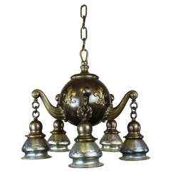 Heavy Colonial Ball Light Fixture with Lotez Art Glass, Five-Light