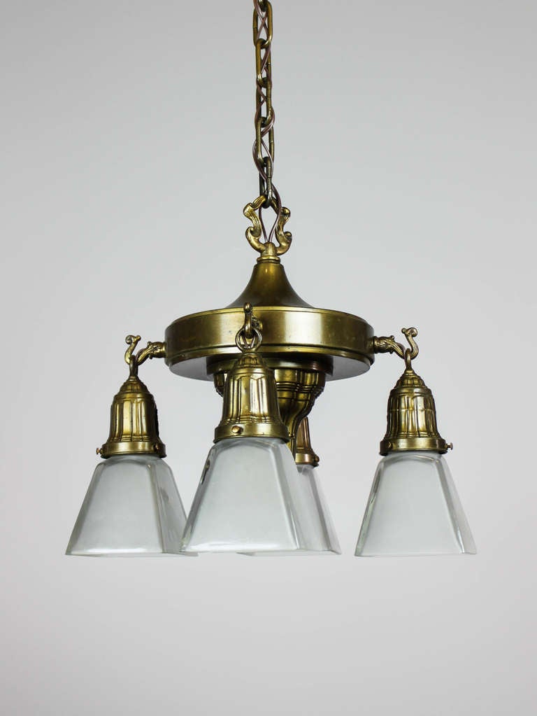 Ca. 1910 Charming example of a compact Sheffield pan light fixture by prolific American manufacturer, Mitchell Vance & Company. Great original finish on matched body, bells and canopy. Cleaned and re-wired, fitted with Arts & Crafts etched
