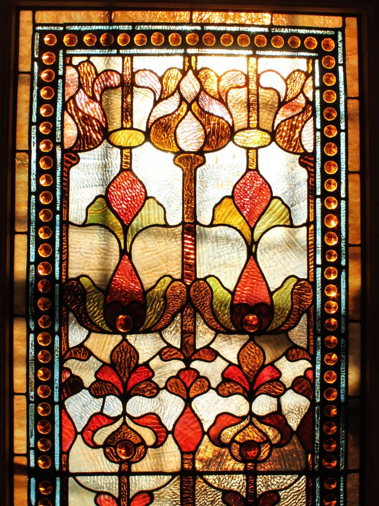 American Large Stained Glass Window Panel For Sale