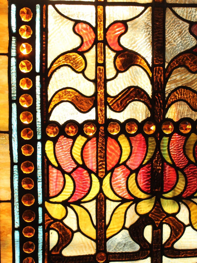 American Large Stained Glass Window Panel For Sale