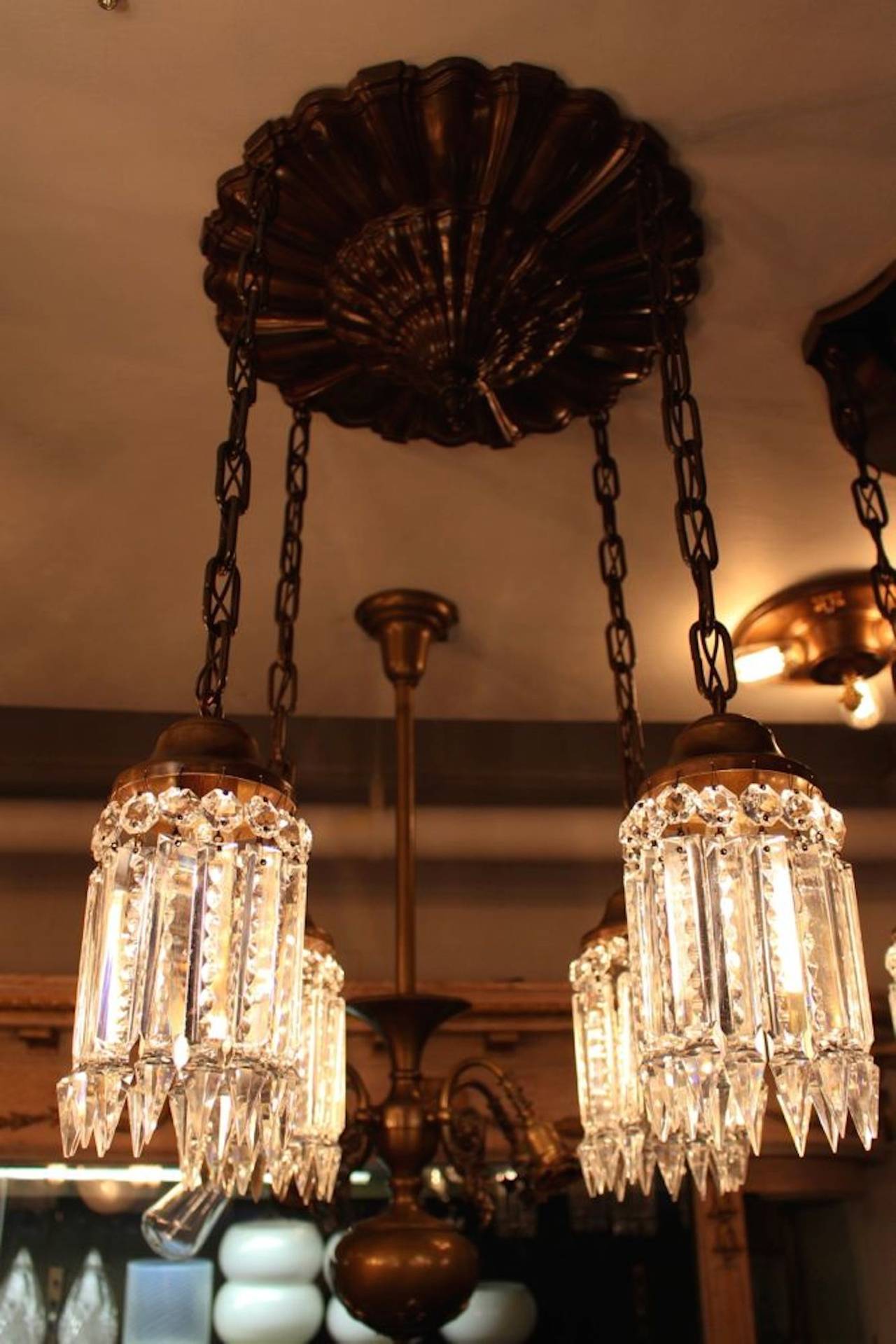 Manufactured by Mitchell Vance & Co. Sheffield style flush mount fixture with notched crystal, circa 1915.

Measurements: 30" H X 19" W.
SKU: FF1081.