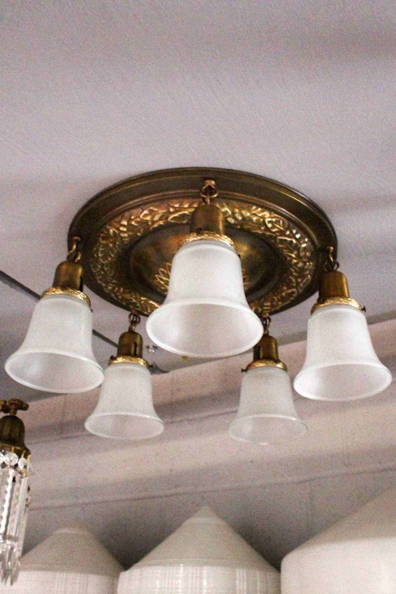 Circa 1915. Hard to find Classical Revival style flush mount found in Kansas City, Missouri. (5-Light) Fitted with sand blasted glass shades. Cleaned, rewired, restored, and ready to hang. 

Measurements: 9