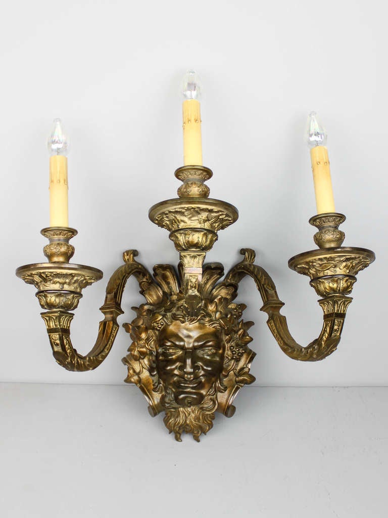 Ca. 1910 A figural cast bronze 3-Arm wall sconce depicting Bacchus, the god of wine. By E.F. Caldwell & Co. of New York, this American fixture has all the characteristics commonly associated with the prolific company.
Measurements: 20″H x 18″W SKU: