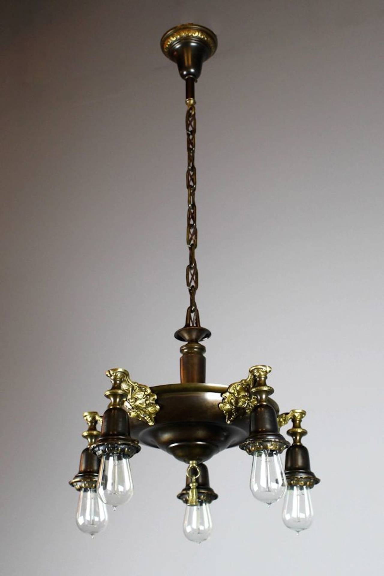 North American Two-Tone Edwardian Five-Light Pan Fixture with Bare Bulbs