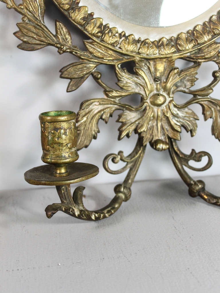American Classical Pair of Brass Lion Sconces with Mirror