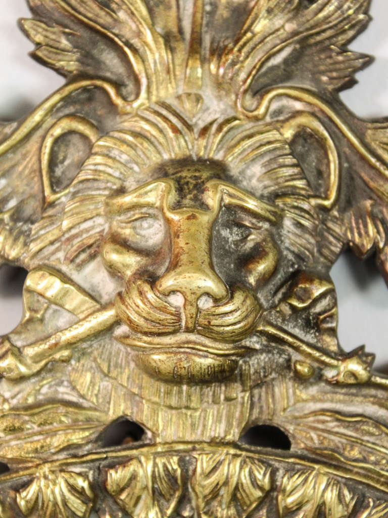 19th Century Pair of Brass Lion Sconces with Mirror