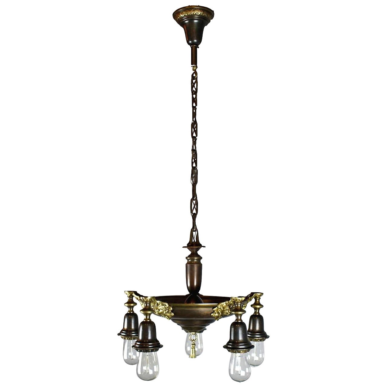 Two-Tone Edwardian Five-Light Pan Fixture with Bare Bulbs