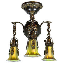 American Art Nouveau Three-Light Flush Mount with Art Glass