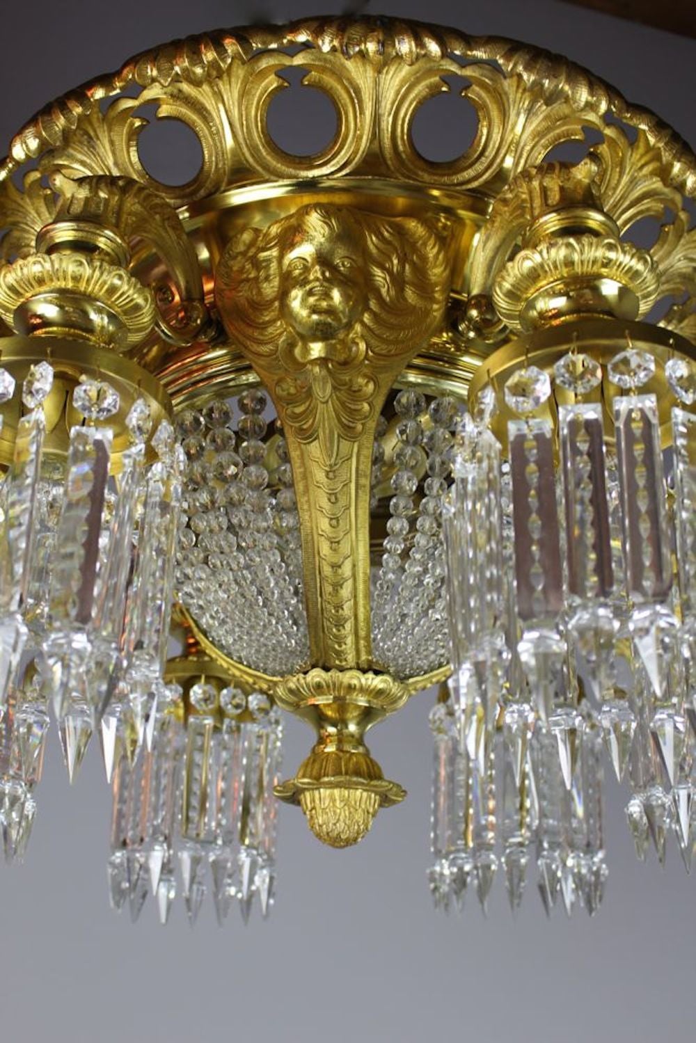 An absolutely exceptional crystal flush-mount light fixture from a Chicago hotel lobby, circa 1910.  Done in the style of Renaissance Revival and using polished Baccarat-Beaded crystals this flush-mount fixture is an absolute showstopper. With four