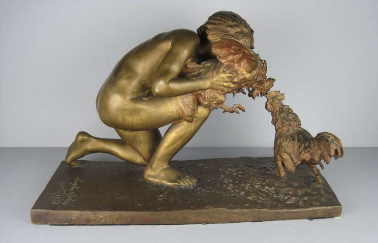 Bronze sculpture of boy with two chickens, signed 