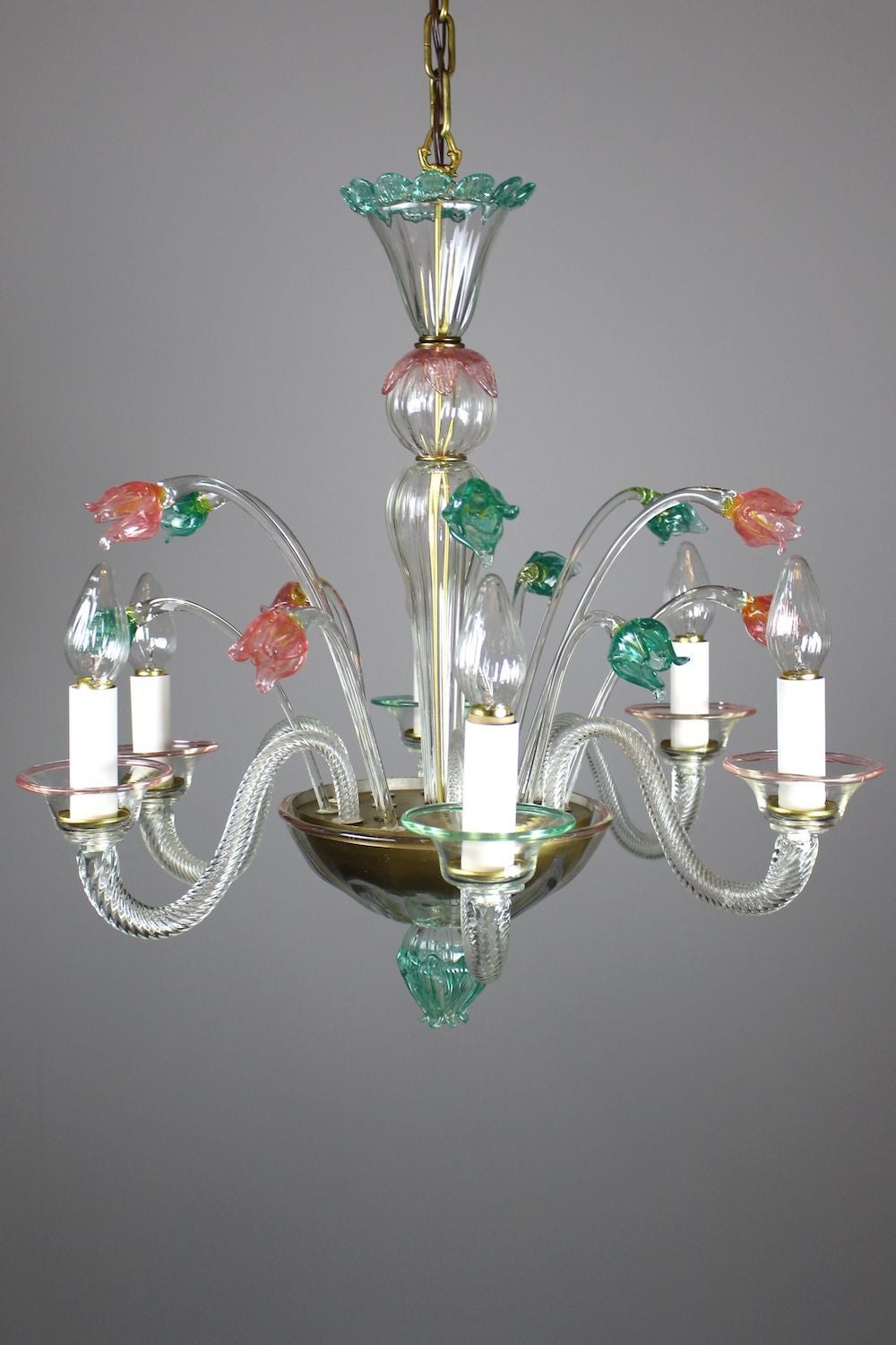 Italian Murano Glass Six-Light Chandelier, circa 1955 For Sale