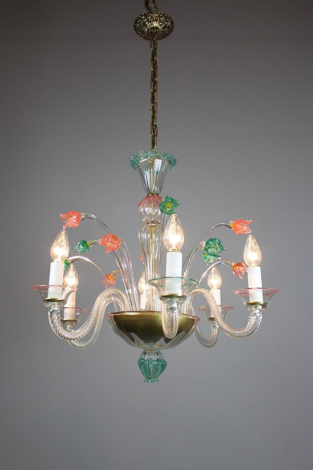 Mid-20th Century Murano Glass Six-Light Chandelier, circa 1955 For Sale