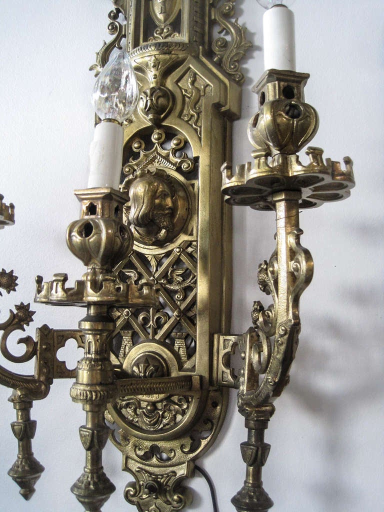 Gothic Literary Figural Cast Brass Sconces (Pair)