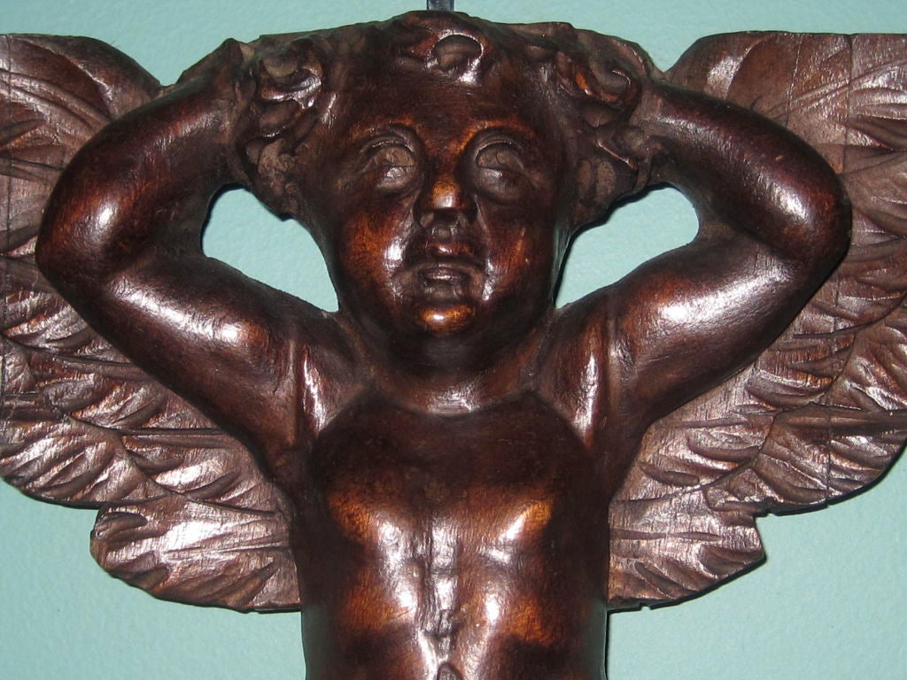 Pair of mid 19th Century Germanic carved walnut cherub figures.