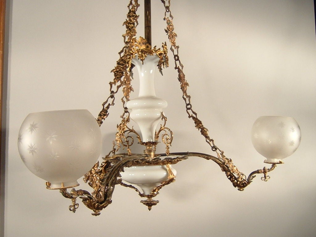 Circa 1850 "Rose" Rococo Revival Ormolu Fixture with Hand-cut Glass ball Shades