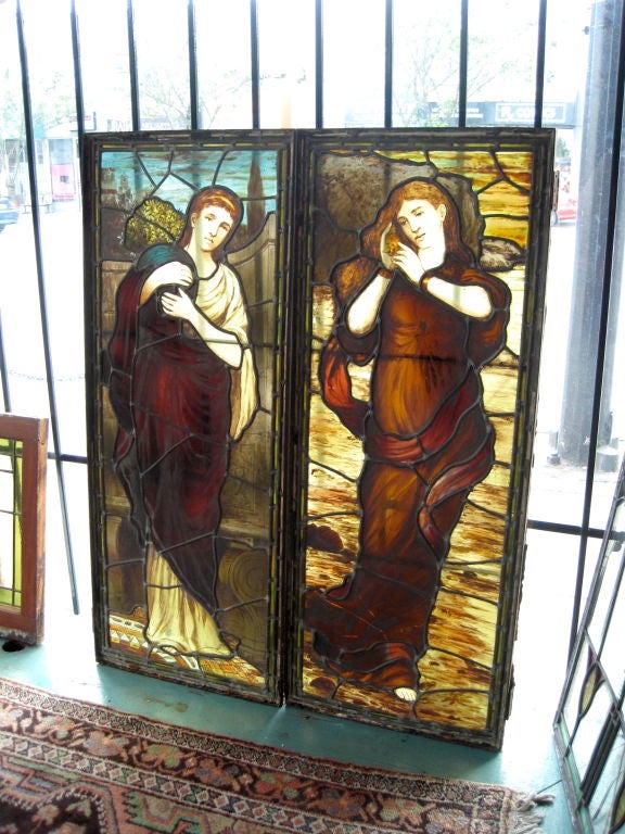 Pre-Raphaelite Pair of 19th Century Stained Glass Windows Attributed to Daniel Cottier For Sale