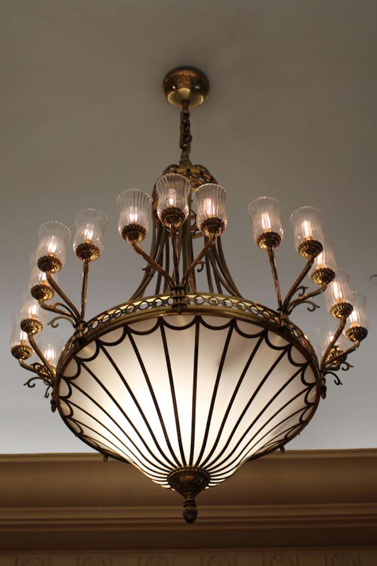 These chandeliers were custom-made for Hotel Vancouver in the early 1990s, circa 1995. Commissioned in a neoclassical style these lights make beautiful fixtures for a grand hall, large space, or grand lobby.