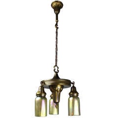 Antique Lovely Arts & Crafts Reading Room, Three-Light Fixture with Art Glass
