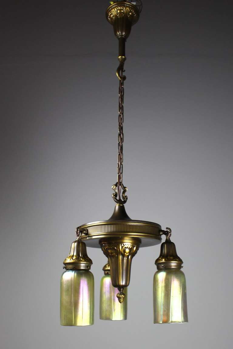 Lovely Arts & Crafts Reading Room, Three-Light Fixture with Art Glass