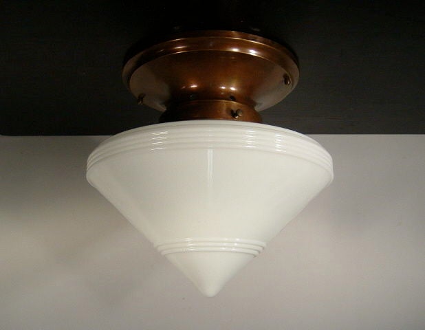 Our 'ringed' schoolhouse shade, recast from the original mold, fitted to original ceiling flush mounts. Other styles/finishes and quantities available, please inquire.