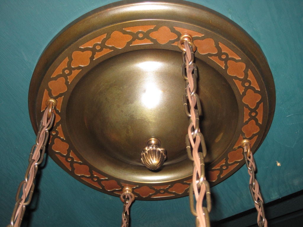 4-Light Tudor Revival/Arts & Crafts ceiling flush mount, copper backed. Fitted with four shades recast from mold of antique Handel shade.
Measurements: 26