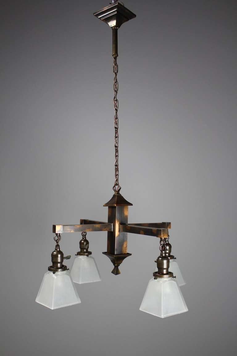 Mission Fixture with 'Japanned' Finish (two available)

Circa 1910 - This antique Mission light fixture retains its original copper flashed finish. This light has been cleaned, rewired, restored, and is ready to hang. 

Measurements: