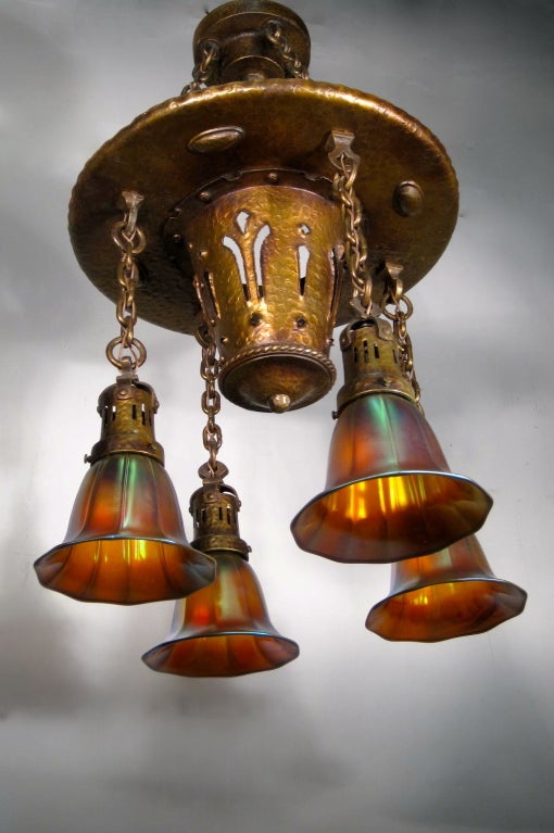 20th Century Beardslee (Chicago) Arts & Crafts Hammered Four-Light Fixture For Sale