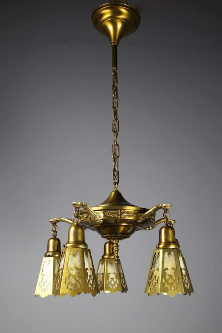 Decorative Edwardian Pan Light with Cut Out Opalescent Shades