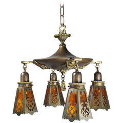 Antique Edwardian Pan Light with Cut Out Amber Glass Shades (4-light)