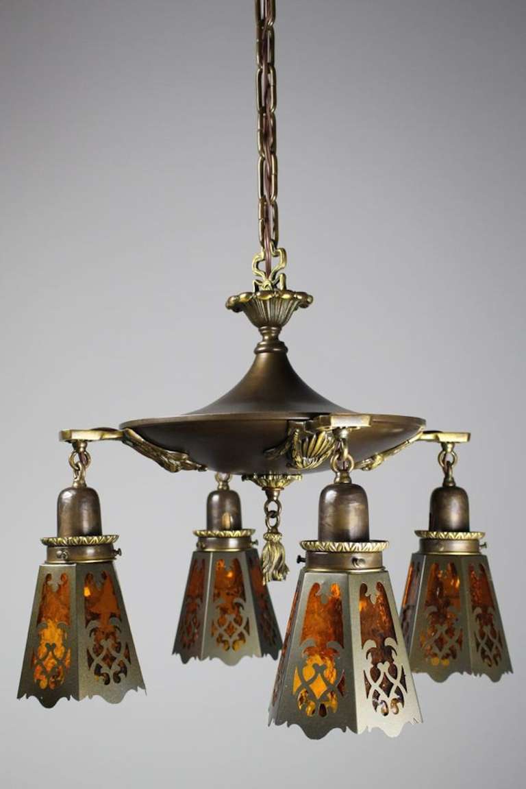 Edwardian Pan Light with Cut Out Amber Glass Shades (4-light)