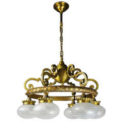 Edwardian Cast Bronze Ringed Lobby Fixture, Six Light