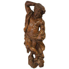 18th Century Carved and Waxed Pine Carving of Putto