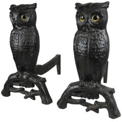 Antique Pair of Victorian Owl Figure Andirons