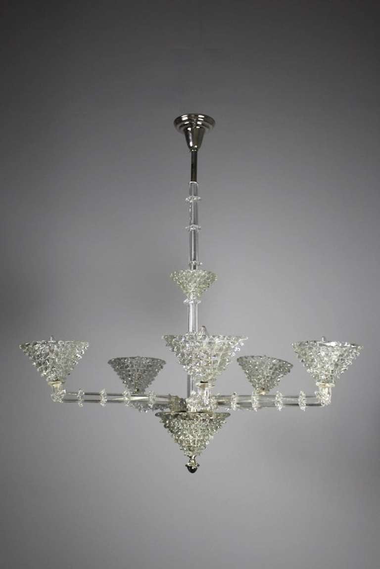 This Art Modern style crystal chandelier, made by Murano glass was found in Winnipeg, Manitoba and completely restored. Exceptionally high quality, circa 1945.
Measurements: 42