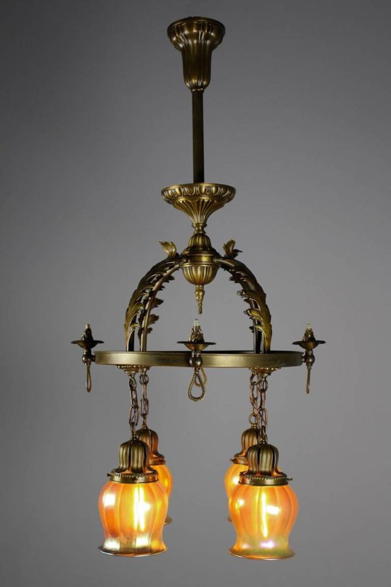 Early Combination Gas/Electric Fixture with Art Glass by Beardslee of ...