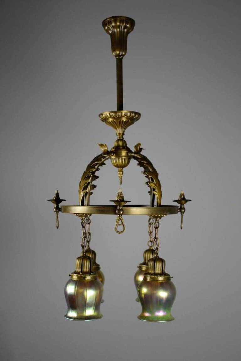 Early Combination Gas/Electric Fixture with Art Glass by Beardslee of Chicago