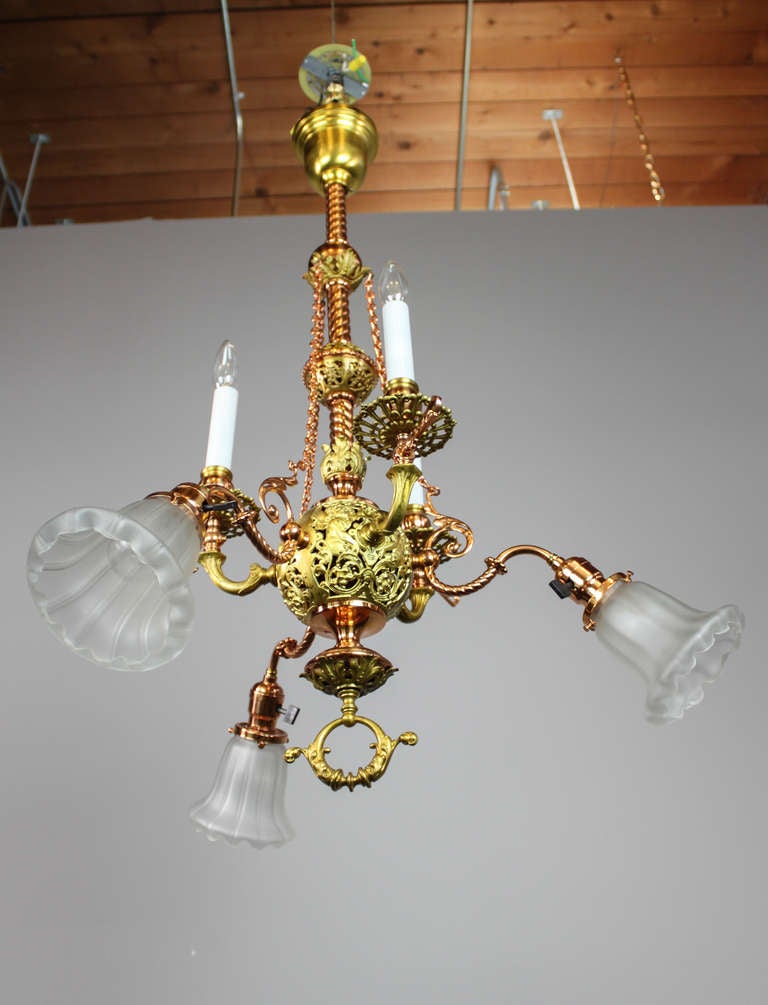 Highly unusual combination gas/electric fixture (converted to all electric) made by McKenney & Co. of Boston, circa 1901. Fully restored, note unusual use of copper plate and ormolu, center ball features 