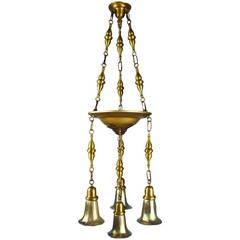 Antique Beardslee Shower, Four Light Chandelier with Art Glass Shades