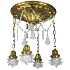 Antique Brass Four-Light Flush Mount Fixture with French Art Glass ‘Rose’ Shades