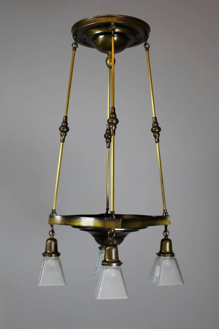 This rod-hung shower fixture is attributed to Beardslee of Chicago, circa 1915. Showing a typical 'Beardslee' finial. Cleaned, and restored to its original finish, rewired and ready to hang using all original parts. 
SKU: DF1190. Measurements: