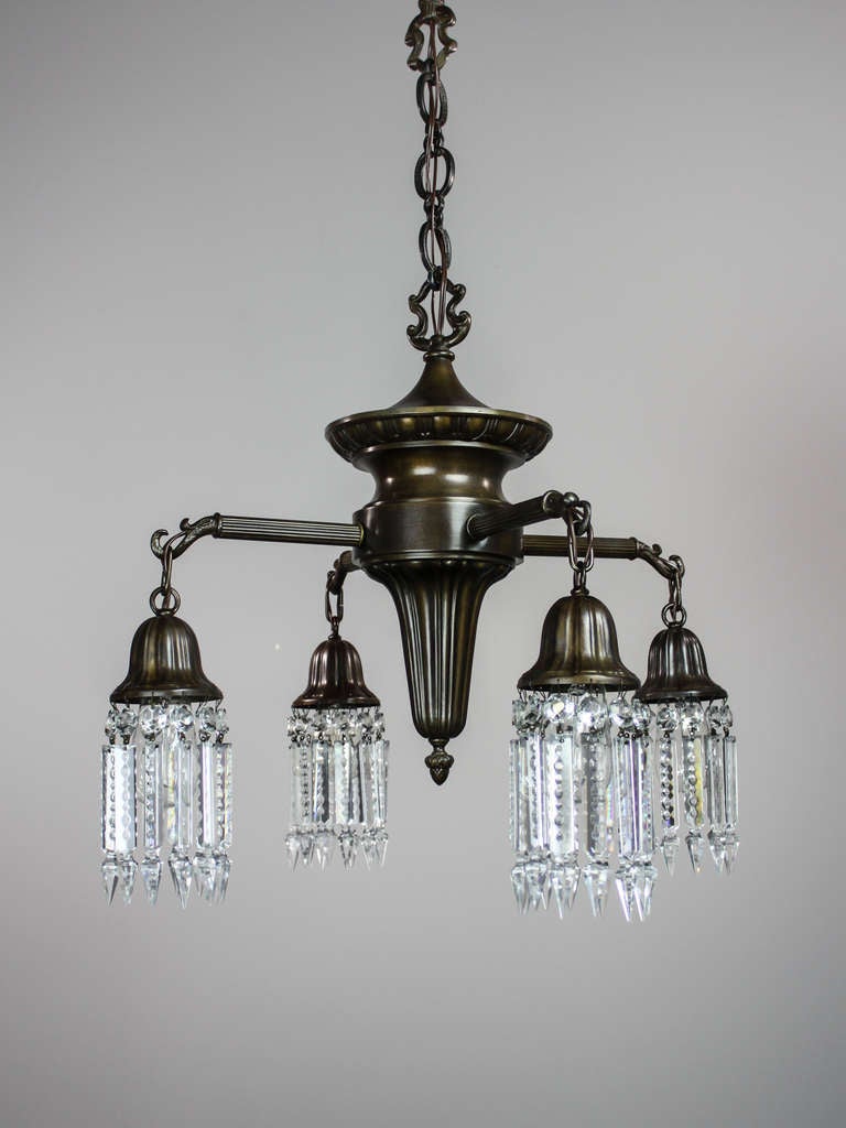 Ca. 1912 An early original light fixture fully decorated in the Sheffield pattern with matched bell holders, canopy and chain. Antique finish has been restored and fixture is completely re-wired and ready to hang. Fitted with notched crystal.