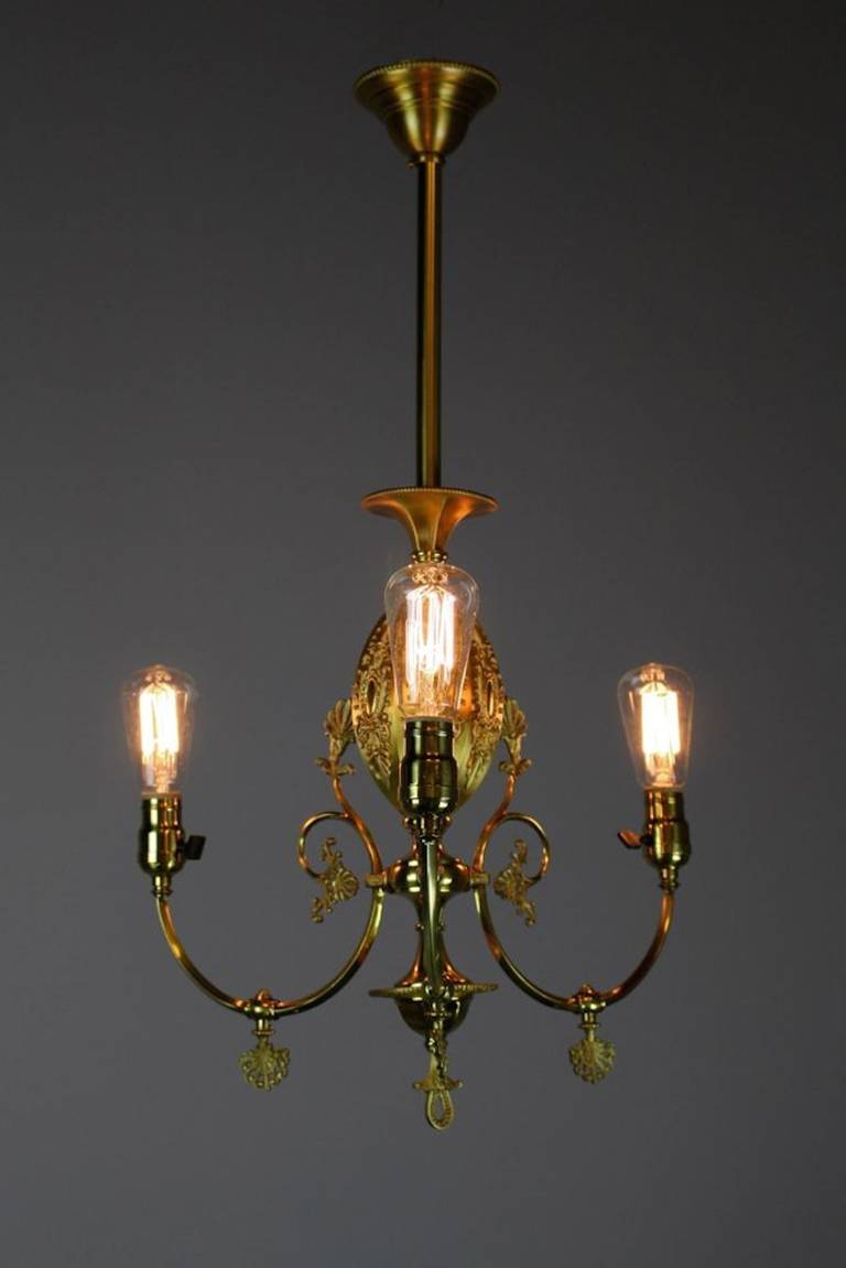 Decorative Victorian Converted Gas Fixture by R. Williamson & Co.  (3-Light) In Excellent Condition For Sale In Vancouver, BC