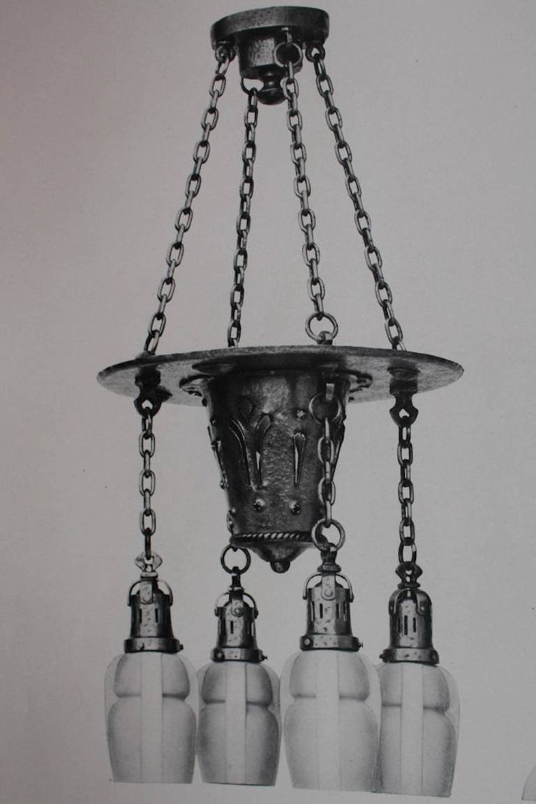 Beardslee (Chicago) Arts & Crafts Hammered Four-Light Fixture For Sale 4