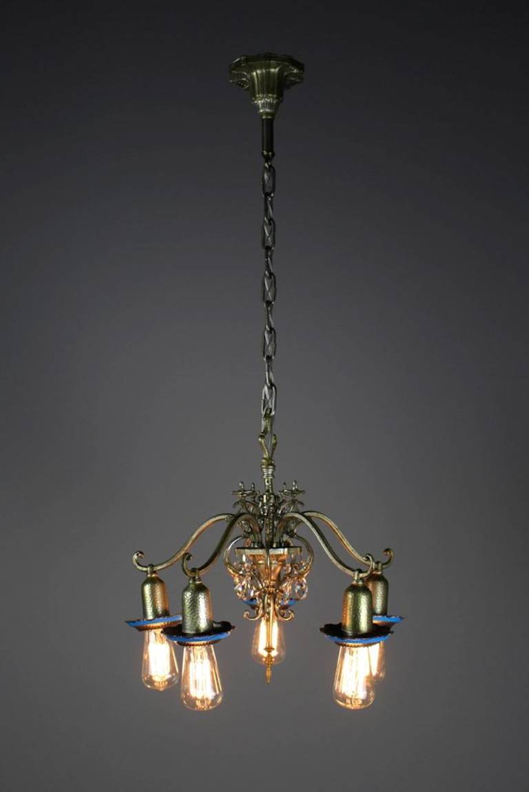 Hammered Silver, Five-Light Fixture with Crystal Basket