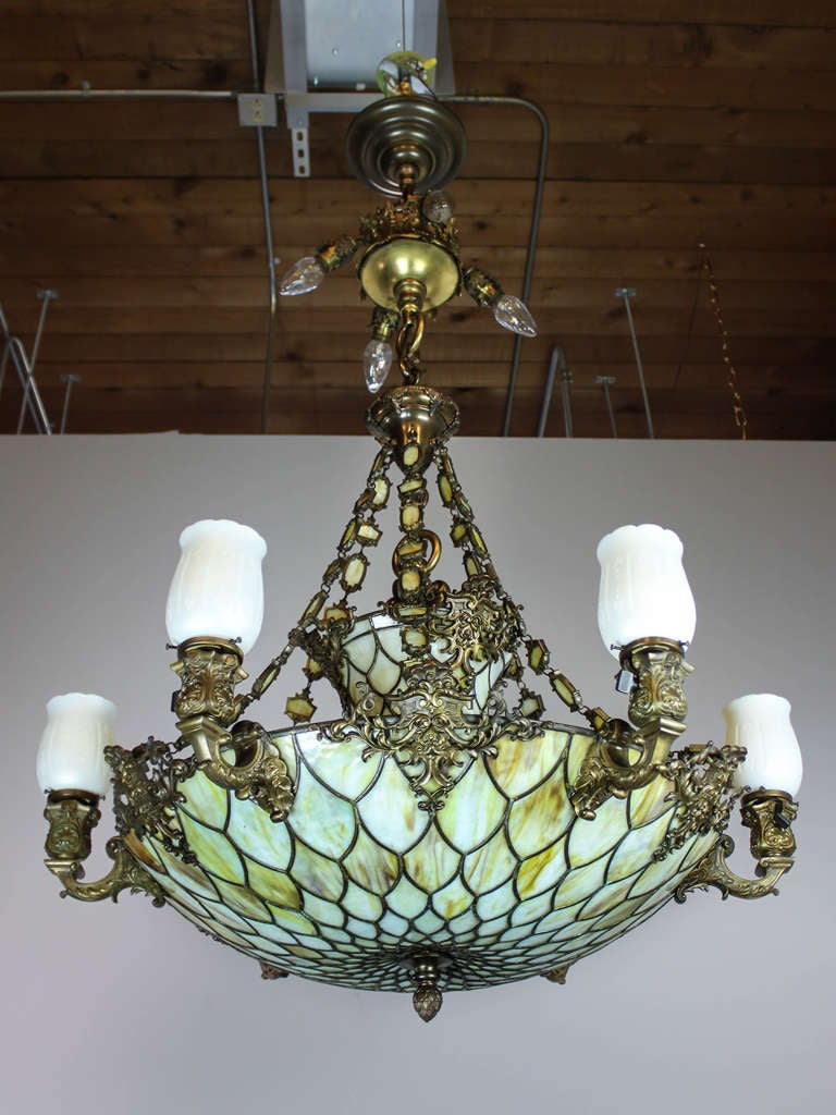 Tiffany Style Bronze Art Glass Chandelier with Steuben Glass Shades (16-Light) In Excellent Condition In Vancouver, BC