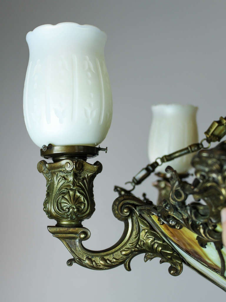 20th Century Tiffany Style Bronze Art Glass Chandelier with Steuben Glass Shades (16-Light)